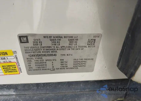 2014 Chevrolet Traverse 1Lt z USA, uszkodzony, nr VIN 1GNKVGKD9EJ308649